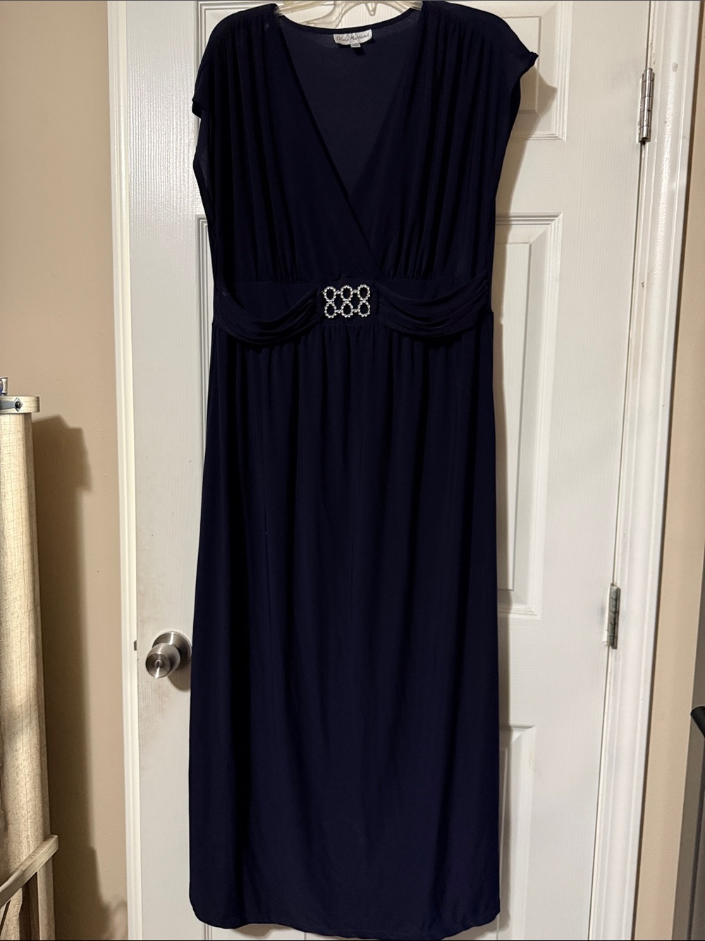 V-Neck Navy Maxi Dress with Rhinestone Waist Accent